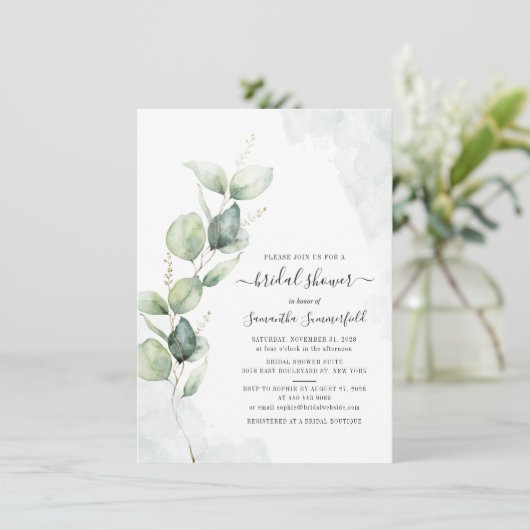 Invitation Fête des mariées de script Eucalyptus botanique (Debout devant)