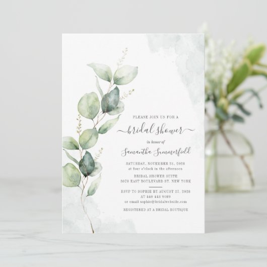 Invitation Fête des mariées de script Eucalyptus Greenery (Debout devant)