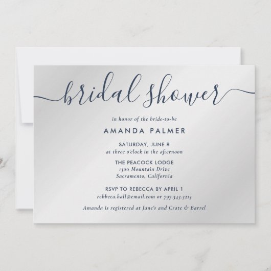 Invitation Fête des mariées de script moderne bleu marine et  (Devant)