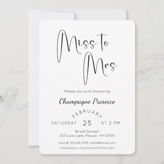 Invitation Fête des mariées de script moderne Mlle à Mme. (Devant)