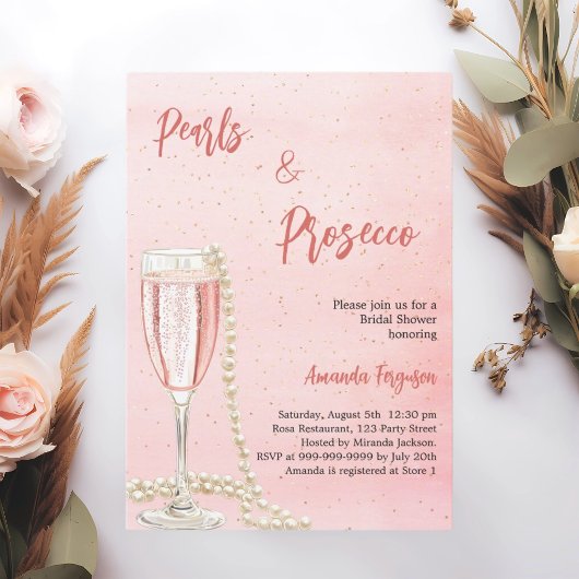 Invitation Fête des mariées de script rose Pearls Prosecco