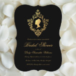 Invitation Fête des mariées de script vintage Black Faux Gold<br><div class="desc">Une invitation vintage pour une douche de mariée à thème victorien ou régency. Au-dessus du texte, il y a le portrait d'une jeune femme en silhouette de profil, en fausse feuille d'or, à l'intérieur d'une crête victorienne vintage, également en fausse feuille d'or. Tout le texte est écrit en calligraphie dorée...</div>