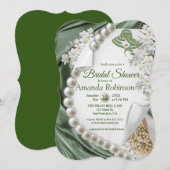 Invitation Fête des mariées de soie verte et perles d'ivoire (Devant / Derrière)