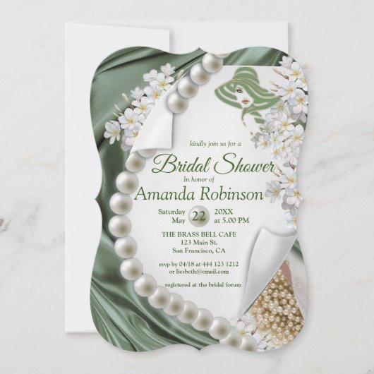 Invitation Fête des mariées de soie verte et perles d'ivoire (Devant)