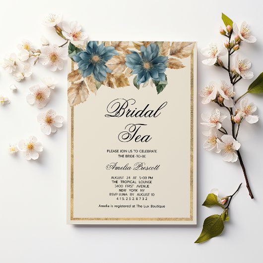 Invitation Fête des mariées de thé floral bleu or