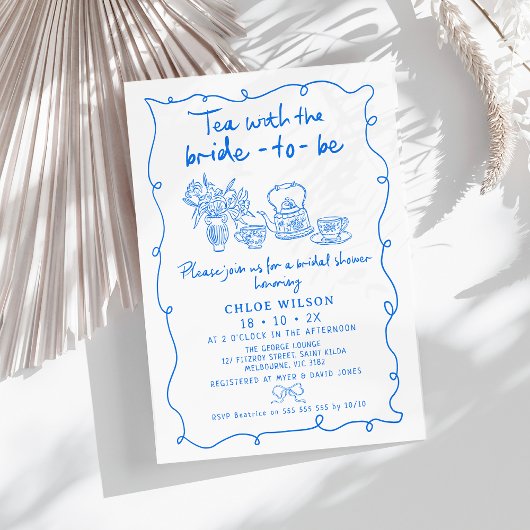 Invitation Fête des mariées de thé Whimsical bleu dessiné à l