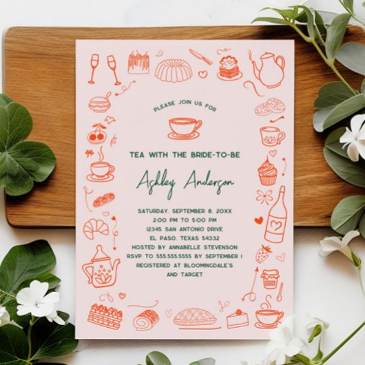 Invitation Fête des mariées de thé Whimsical Doodé main