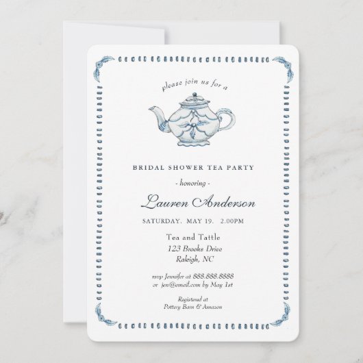 Invitation Fête des mariées de théière bleue et blanche (Devant)