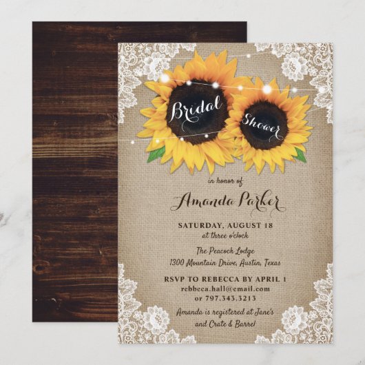 Invitation Fête des mariées de tournesol Rustique Burlap (Devant / Derrière)