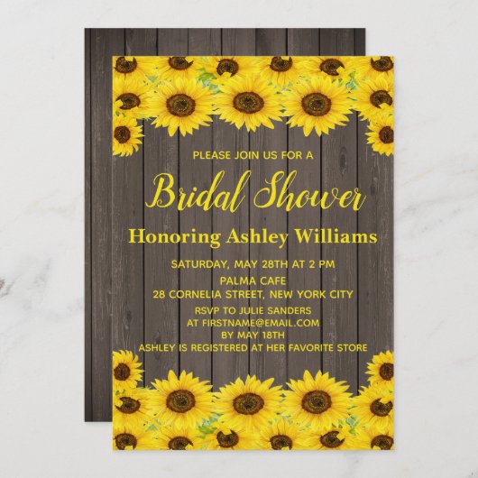 Invitation Fête des mariées de tournesols rustiques en bois (Devant / Derrière)