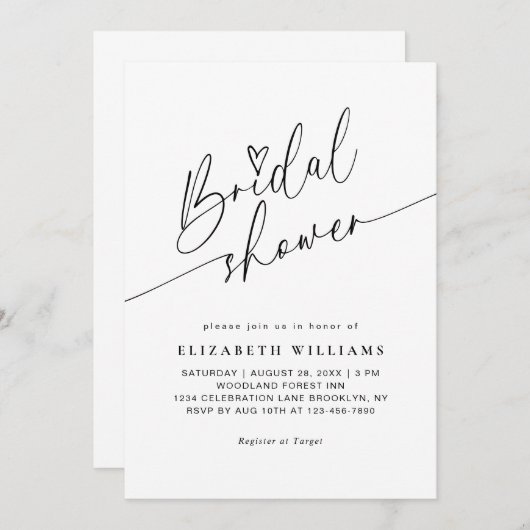 Invitation Fête des mariées de typographie de script de coeur (Devant / Derrière)