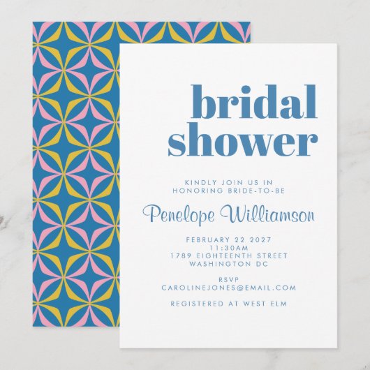 Invitation Fête des mariées de typographie moderne Motif bleu (Devant / Derrière)