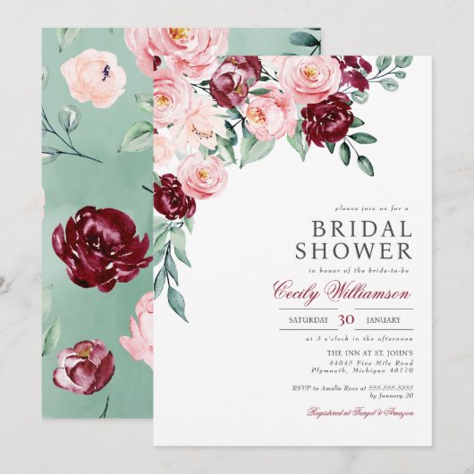 Invitation Fête des mariées de verdure rose bordeaux (Devant / Derrière)