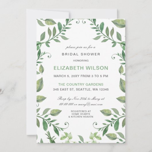 Invitation Fête des mariées de verdure rustique aquarelle (Devant)