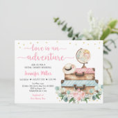 Invitation Fête des mariées de voyage florale rose Adventure (Debout devant)