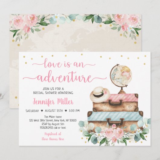 Invitation Fête des mariées de voyage florale rose Adventure (Devant / Derrière)