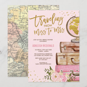 Invitation Fête des mariées de voyage rose et or Floral