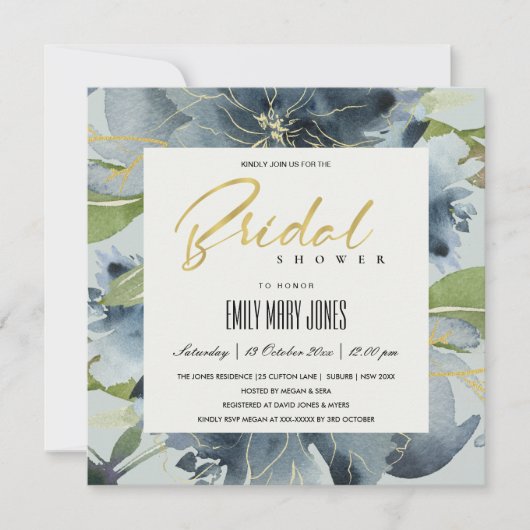 INVITATION FÊTE DES MARIÉES D'EAU FLORALE BLEU GOLD GRIS (Devant)