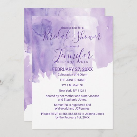 Invitation Fête des mariées d'éclaboussure violet violet (Devant / Derrière)