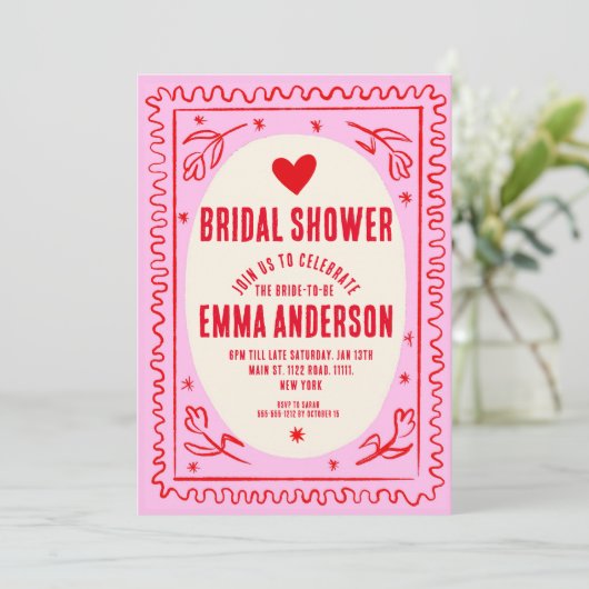 Invitation Fête des mariées d'écriture manuscrite rouge et ro (Debout devant)