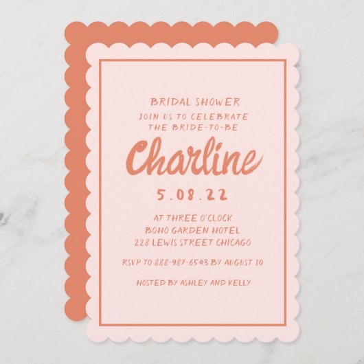 Invitation Fête des mariées d'écriture rétro rose et rouge In (Devant / Derrière)