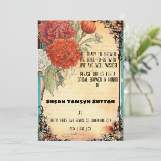 Invitation Fête des mariées des oeillets rouges Ephemera vint (Debout devant)