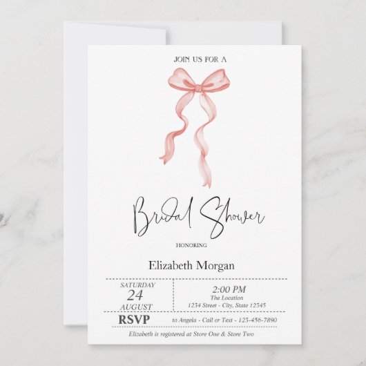 Invitation Fête des mariées des points de ruban rose Bow (Devant)