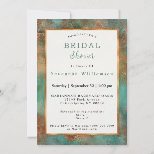 Invitation Fête des mariées design Turquoise en cuivre de ver (Devant)