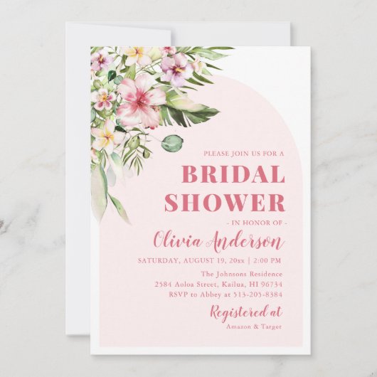 Invitation Fête des mariées d'été Hawaiienne rose chaud tropi (Devant)