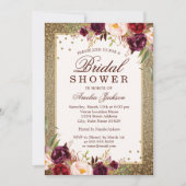Invitation Fête des mariées d'étincelle fleurie bordeaux or (Devant)
