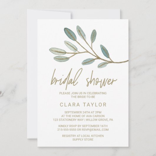 Invitation Fête des mariées d'eucalyptus à veines d'or (Devant)