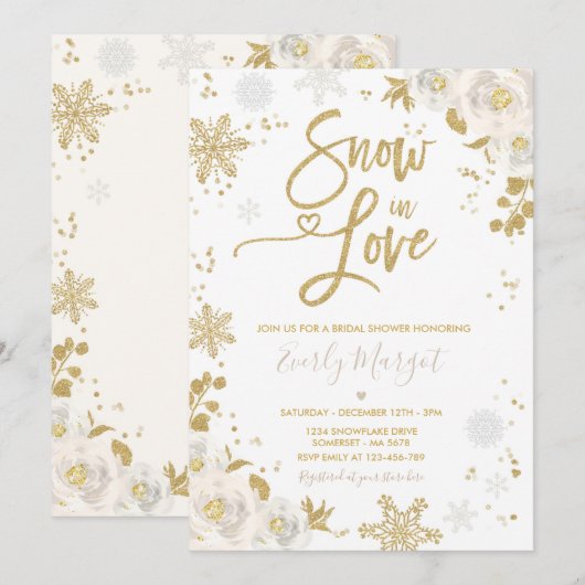 Invitation Fête des mariées d'hiver blanc et or neige en amou (Devant / Derrière)