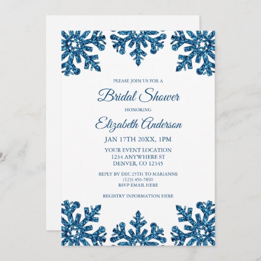 Invitation Fête des mariées d'hiver Blue Snowflake (Devant / Derrière)