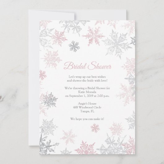 Invitation Fête des mariées d'hiver Dusty Pink & Silver Snowf (Devant)