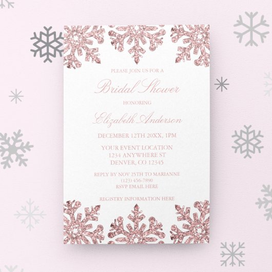 Invitation Fête des mariées d'hiver Pink Rose Gold Snowflake