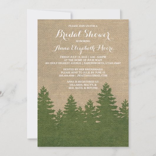 Invitation Fête des mariées d'hiver Rustique Burlap Pine Tree (Devant)