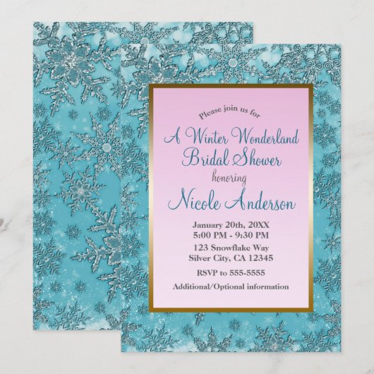 Invitation Fête des mariées d'hiver turquoise Pink Snowflakes (Devant / Derrière)