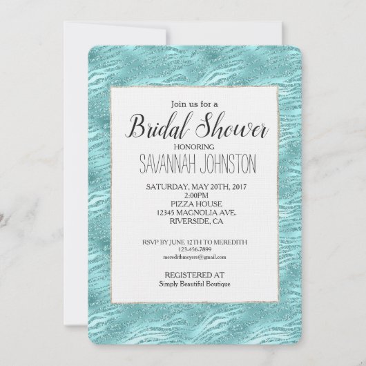 Invitation Fête des mariées d'impression Glitzy Mint Zebra (Devant)