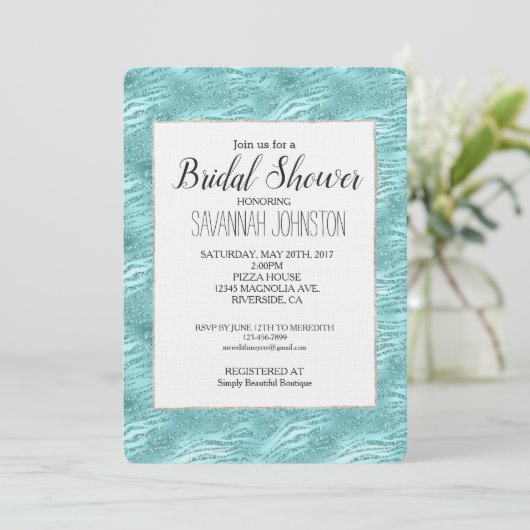 Invitation Fête des mariées d'impression Glitzy Mint Zebra (Debout devant)