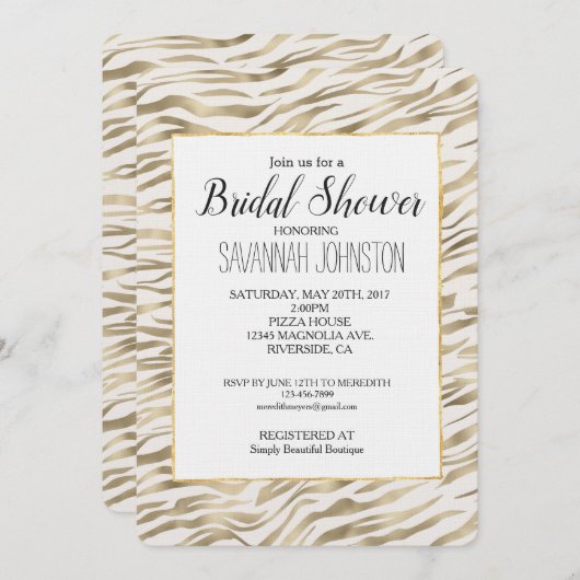 Invitation Fête des mariées d'impression Gold Zebra (Devant / Derrière)