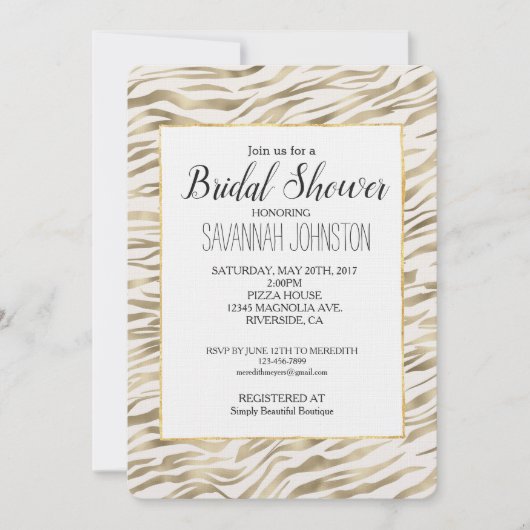 Invitation Fête des mariées d'impression Gold Zebra (Devant)