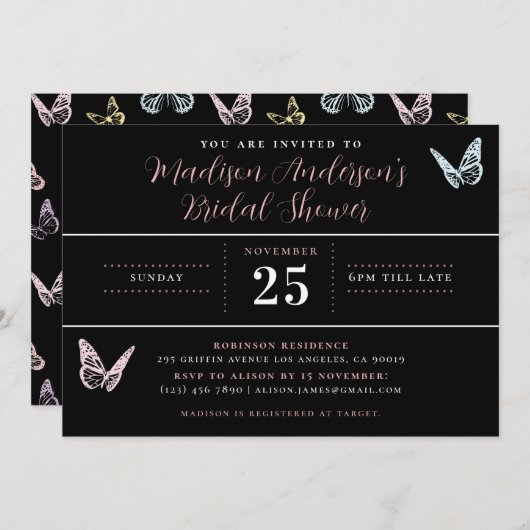 Invitation Fête des mariées d'impression moderne Black Pastel (Devant / Derrière)