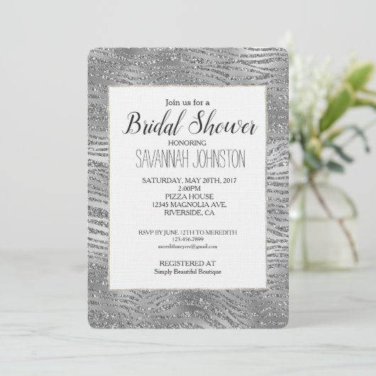 Invitation Fête des mariées d'impression Silver Glitz Zebra (Debout devant)