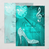 Invitation Fête des mariées Disco Ball turquoise et talons d' (Devant / Derrière)