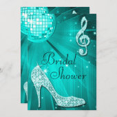 Invitation Fête des mariées Disco Ball turquoise et talons d' (Devant / Derrière)