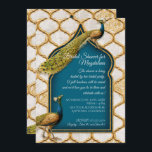 Invitation Fête des mariées d'or Peacock Bleu Arabesque vinta<br><div class="desc">Intérieur bleu Peacock profond en forme de tour Minaret avec une paire de Peacocks vintages pour une élégante invitation à la douche nuptiale, Boho, exotique ou indienne. Un look doré dimensionnel motif de style arabesque et un arrière - plan blanc doux et suranné, usé et affligé complètent le design. Copyright,...</div>