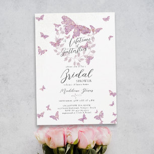 Invitation Fête des mariées dorée violet de papillons de vie