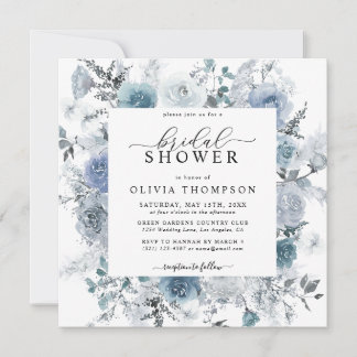Invitation Fête des mariées Dusty Blue Floral Ardoise Pastel 