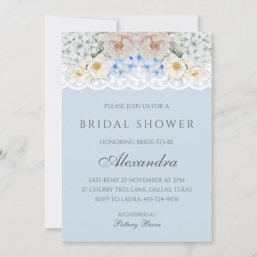 Invitation Fête des mariées Dusty Blue Peony Hydrangea (Devant)