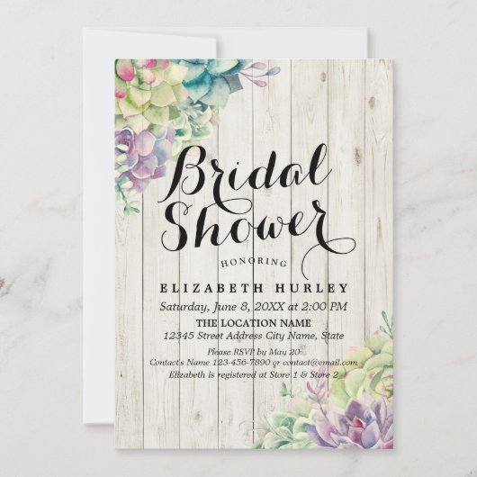 Invitation Fête des mariées Élégant Succulent Plantes Rustiqu (Devant)